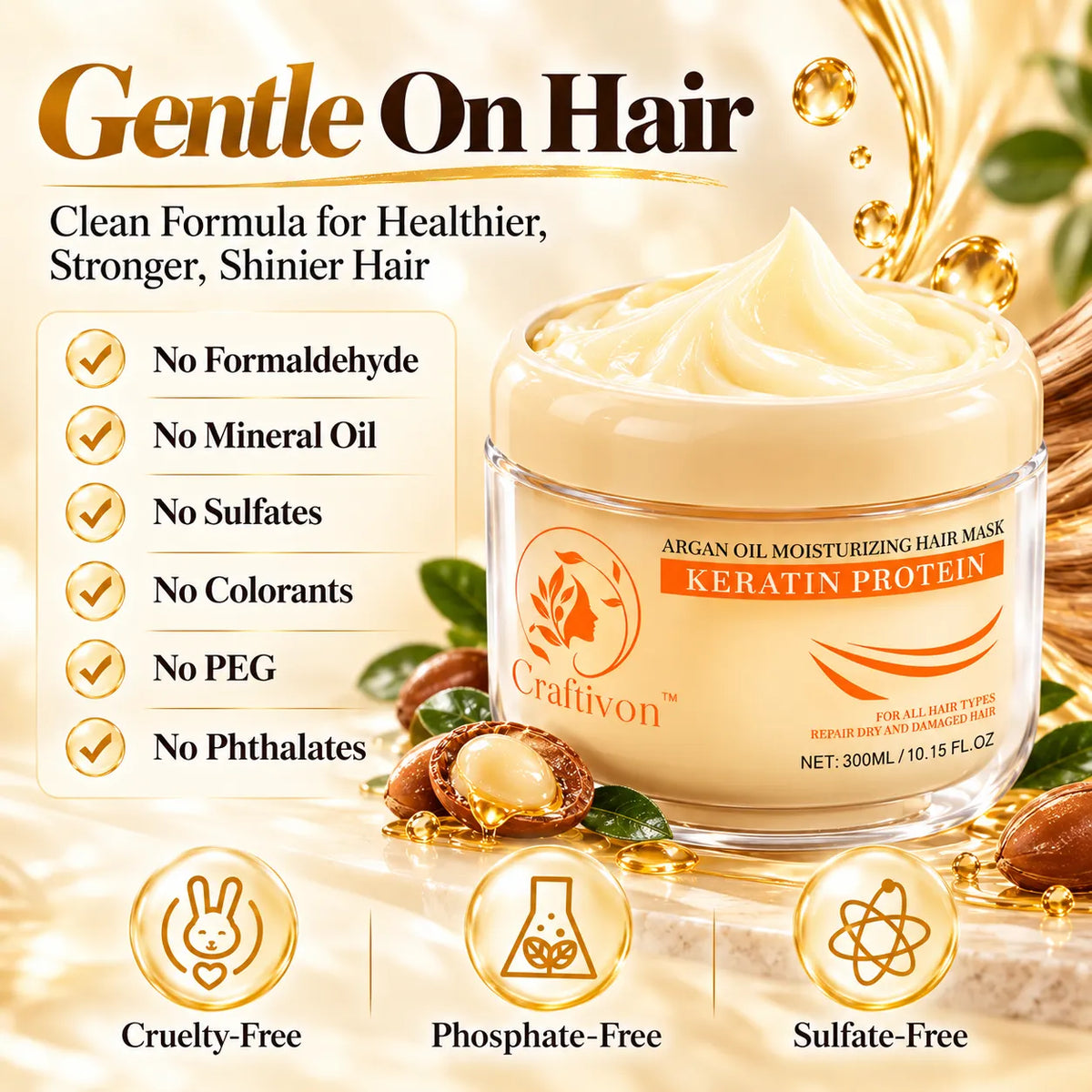 🎁Argan Oil & Keratin Hair Mask for Dry, Damaged Hair, Deep Moisture & Smooth Shine 300ml