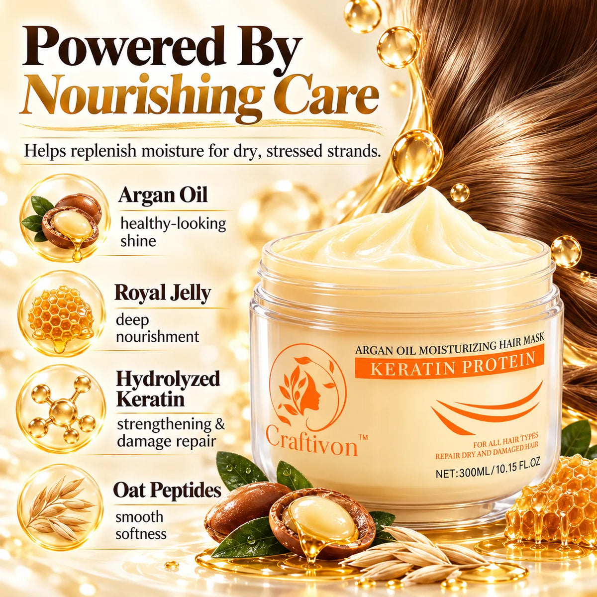 🎁Argan Oil & Keratin Hair Mask for Dry, Damaged Hair, Deep Moisture & Smooth Shine 300ml
