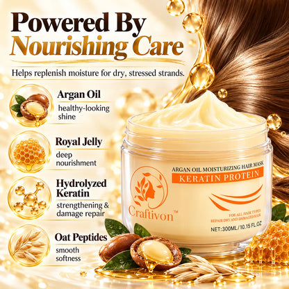 🎁Argan Oil & Keratin Hair Mask for Dry, Damaged Hair, Deep Moisture & Smooth Shine 300ml