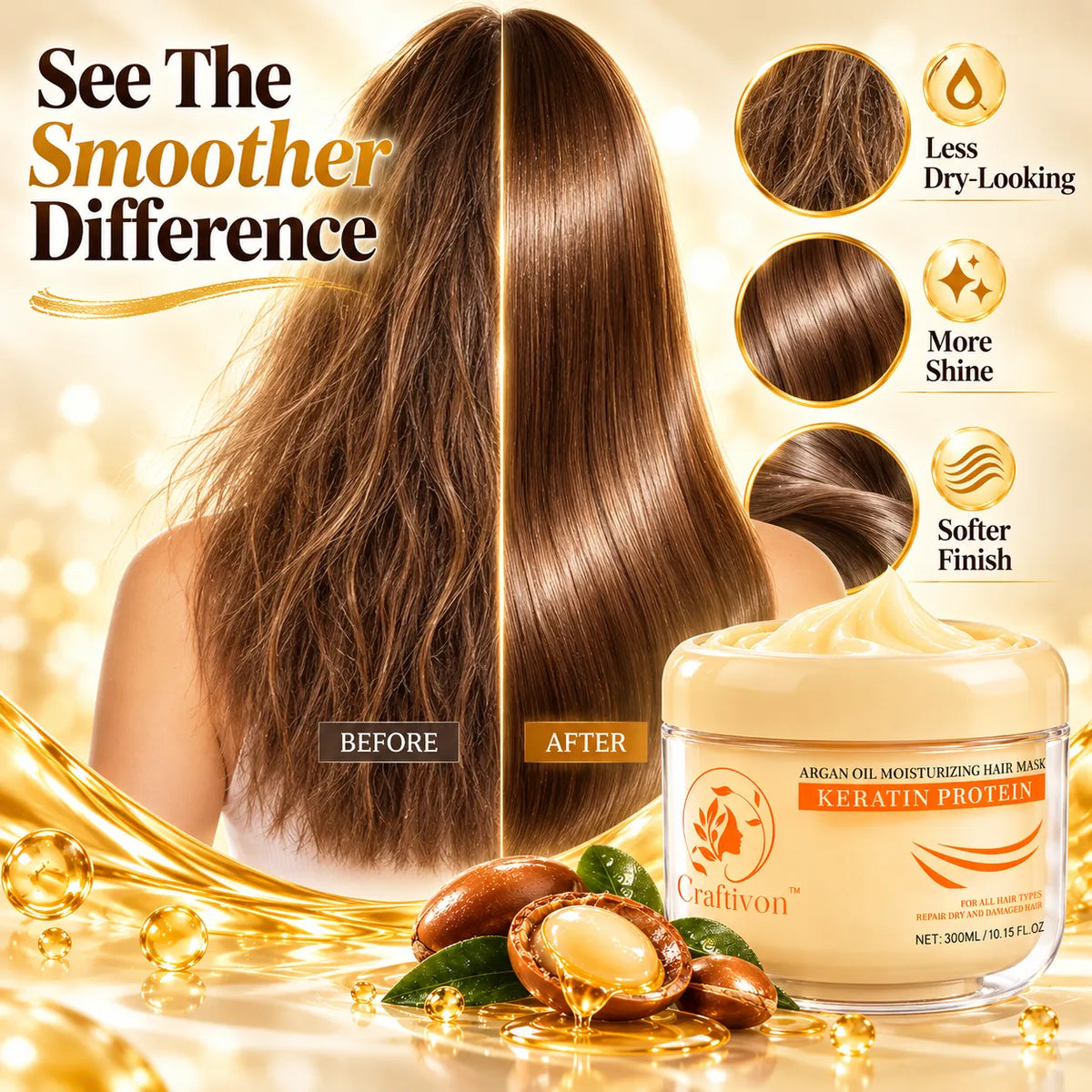 🎁Argan Oil & Keratin Hair Mask for Dry, Damaged Hair, Deep Moisture & Smooth Shine 300ml
