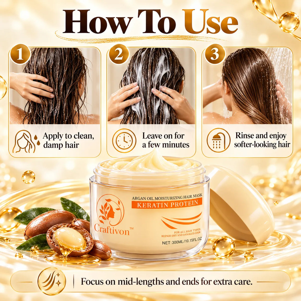 🎁Argan Oil & Keratin Hair Mask for Dry, Damaged Hair, Deep Moisture & Smooth Shine 300ml