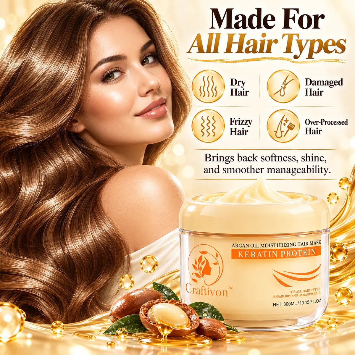 🎁Argan Oil & Keratin Hair Mask for Dry, Damaged Hair, Deep Moisture & Smooth Shine 300ml