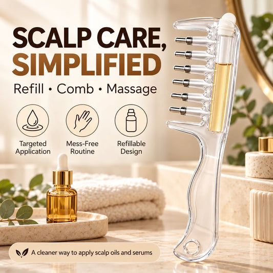 🎁Scalp Oil Applicator Comb with 6 Stainless Steel Massage Rollers – Refillable, Leak-Resistant Hair Care Comb