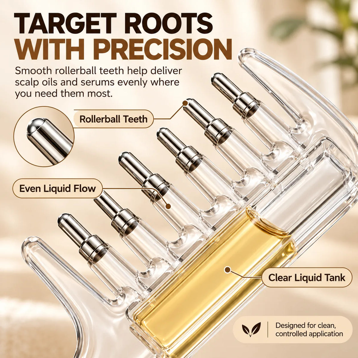🎁Scalp Oil Applicator Comb with 6 Stainless Steel Massage Rollers – Refillable, Leak-Resistant Hair Care Comb