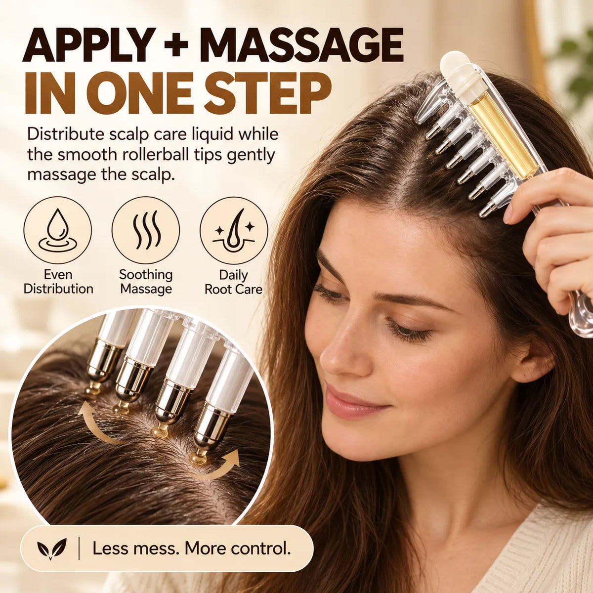 🎁Scalp Oil Applicator Comb with 6 Stainless Steel Massage Rollers – Refillable, Leak-Resistant Hair Care Comb
