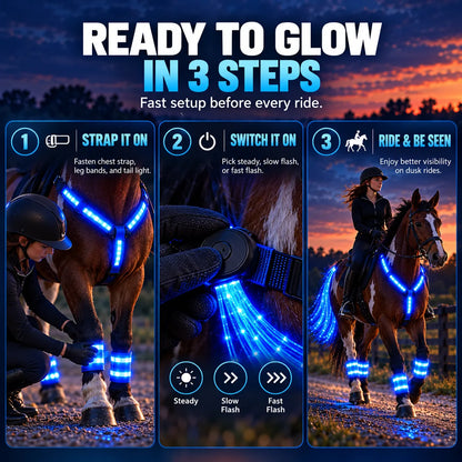🎁LED Horse Glow Kit – High-Visibility Light-Up Gear for Night Riding, Adjustable & 3 Light Modes