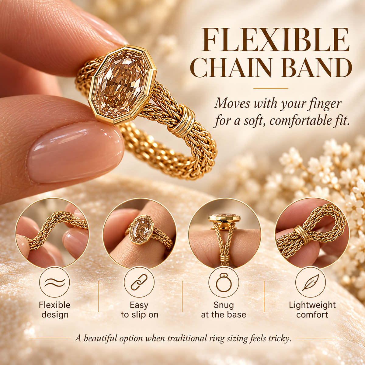 🎁2.21 CT Champagne Oval Diamond Flexible Chain Ring
