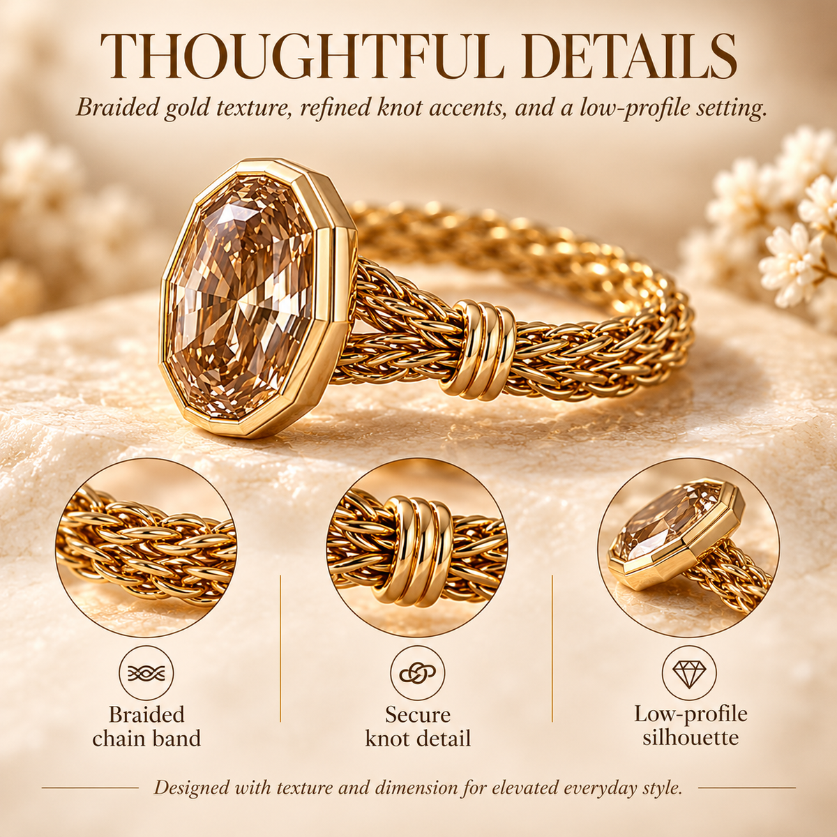 🎁2.21 CT Champagne Oval Diamond Flexible Chain Ring