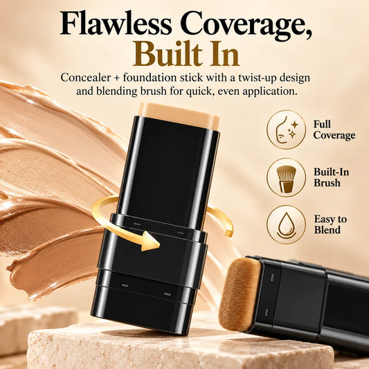 🎁2-in-1 Full Coverage Foundation & Concealer Stick with Built-In Brush – 6 Shades