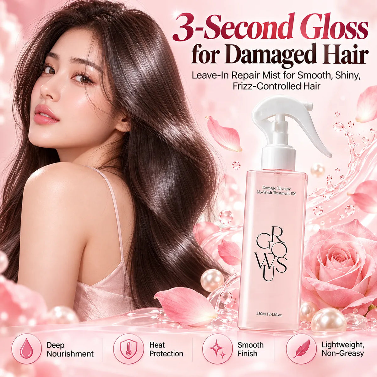 🎁Rose Pearl Leave-In Hair Treatment Spray, 200ml – Keratin & Collagen Spray for Smooth, Shiny, Frizz-Free Hair