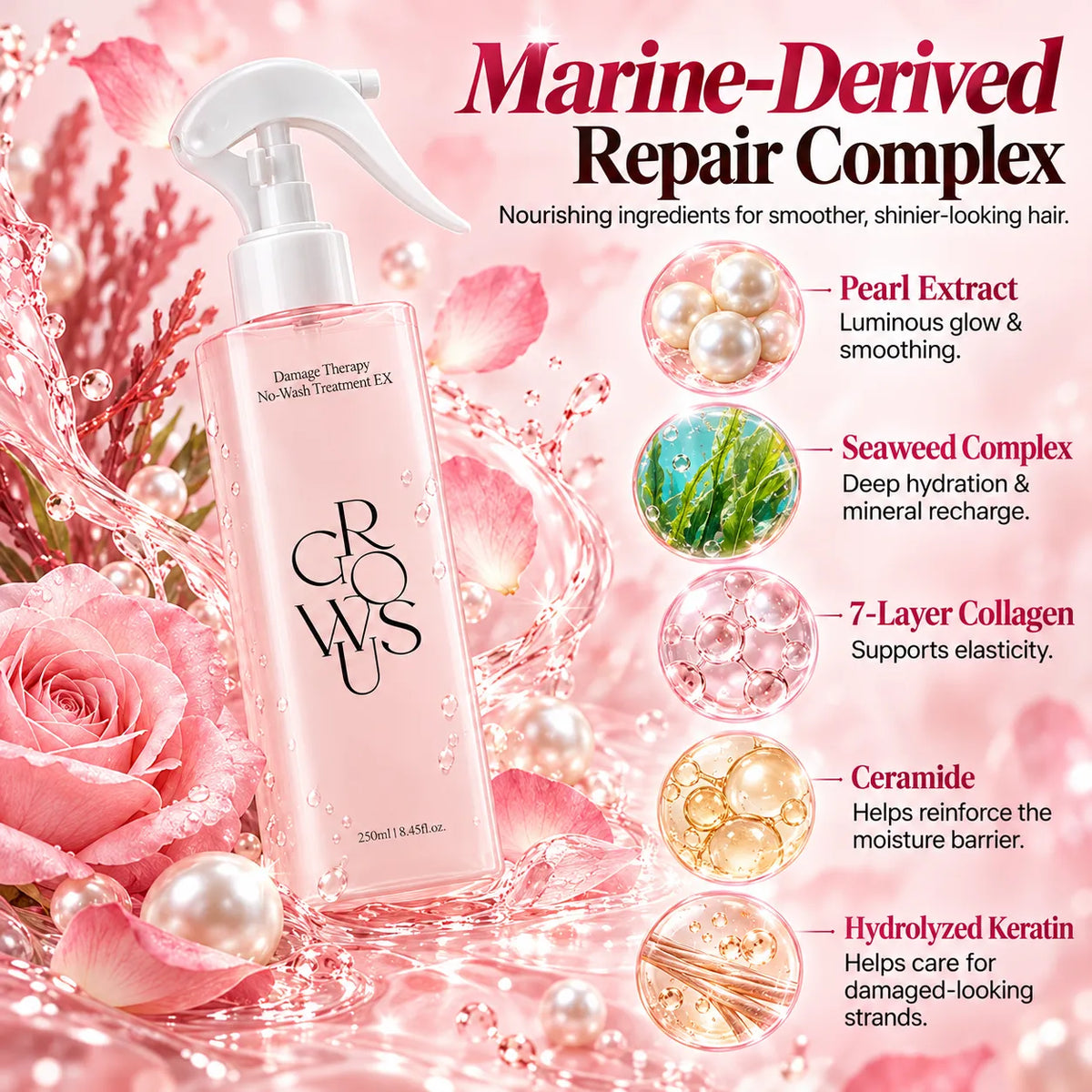 🎁Rose Pearl Leave-In Hair Treatment Spray, 200ml – Keratin & Collagen Spray for Smooth, Shiny, Frizz-Free Hair