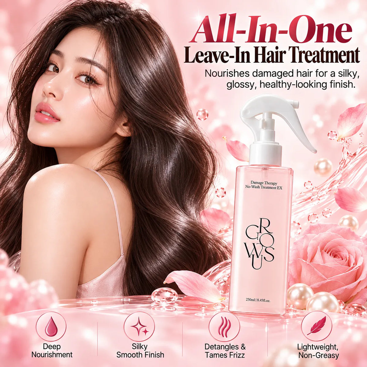 🎁Rose Pearl Leave-In Hair Treatment Spray, 200ml – Keratin & Collagen Spray for Smooth, Shiny, Frizz-Free Hair