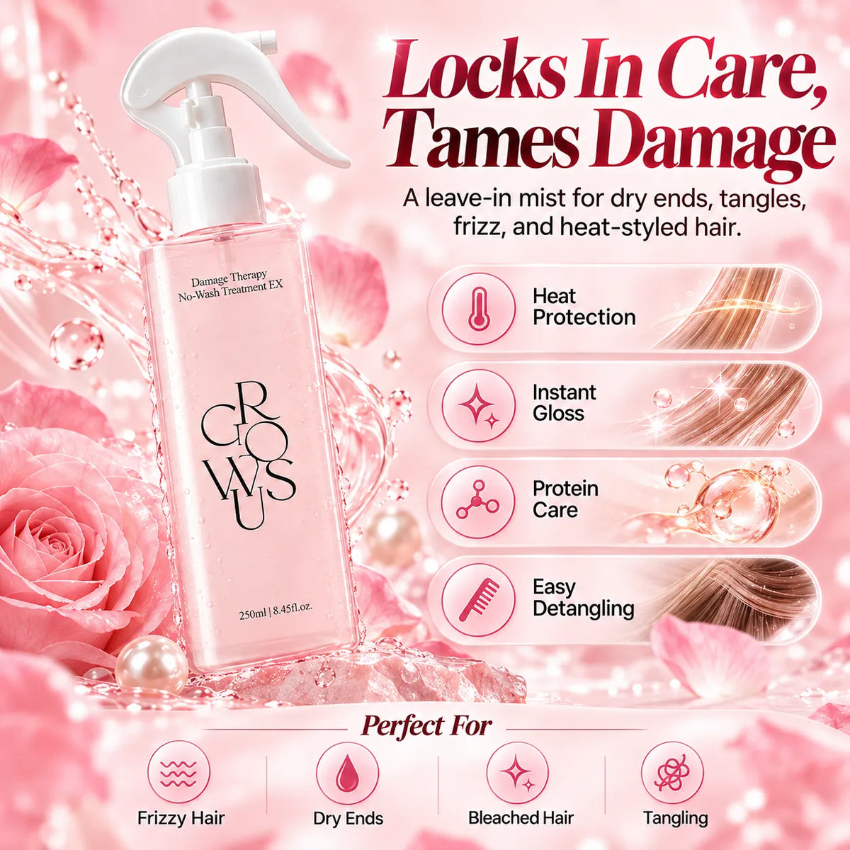 🎁Rose Pearl Leave-In Hair Treatment Spray, 200ml – Keratin & Collagen Spray for Smooth, Shiny, Frizz-Free Hair