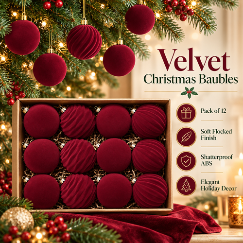 🎀Pack of 12 Christmas Baubles – Flocked Velvet Shatterproof Tree Decoration