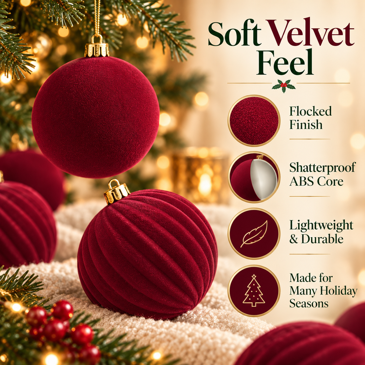 🎀Pack of 12 Christmas Baubles – Flocked Velvet Shatterproof Tree Decoration