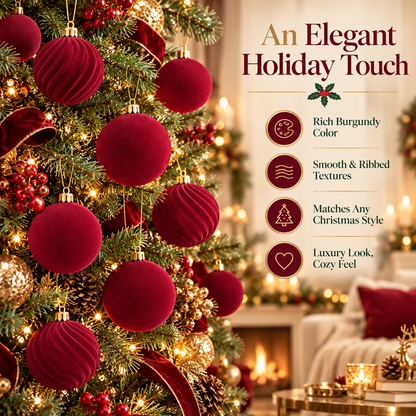 🎀Pack of 12 Christmas Baubles – Flocked Velvet Shatterproof Tree Decoration