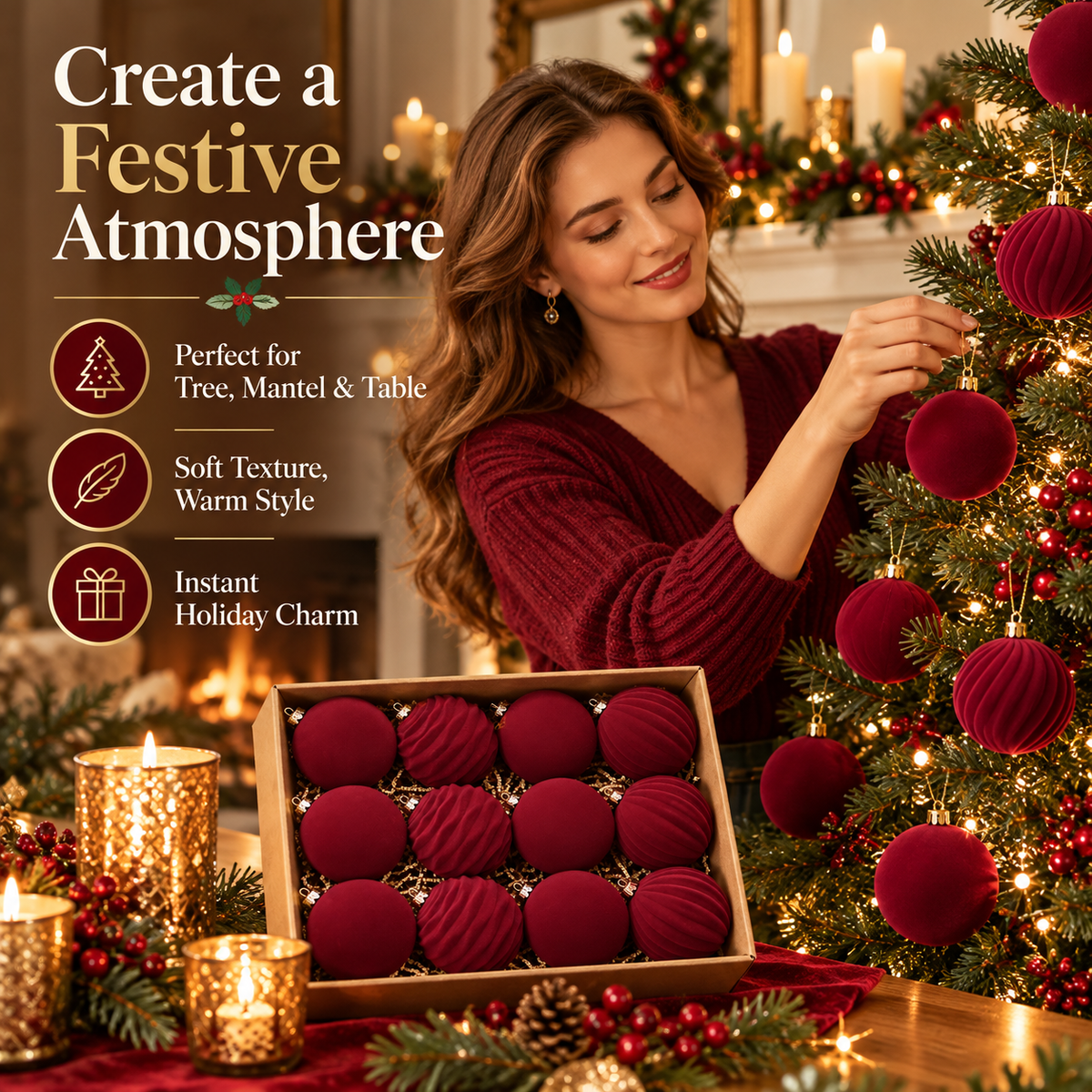 🎀Pack of 12 Christmas Baubles – Flocked Velvet Shatterproof Tree Decoration