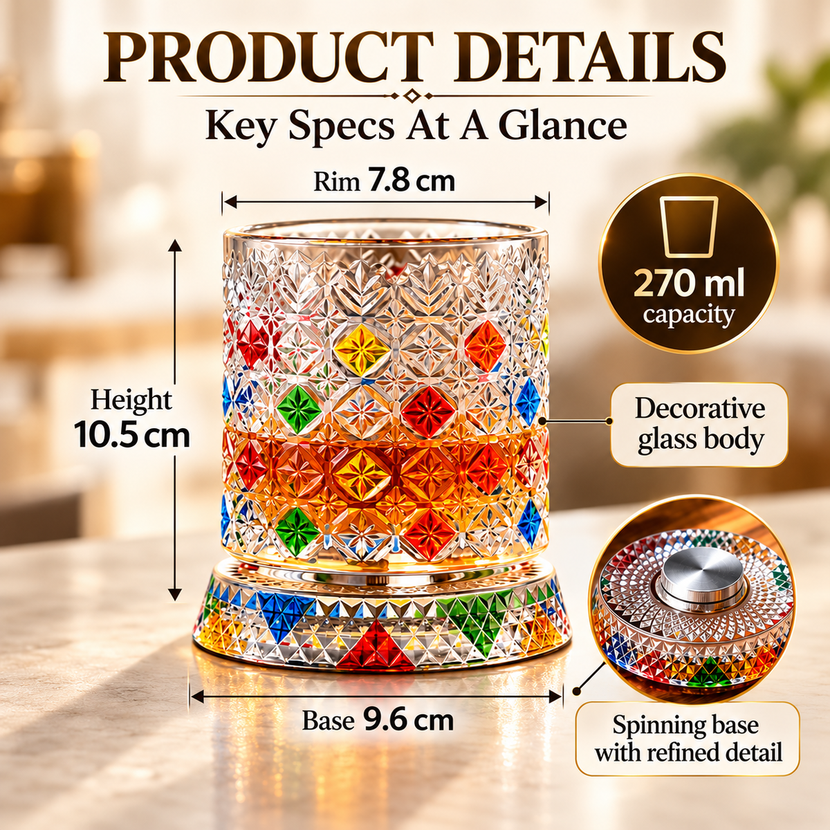🔥Luxury 360° Spinning Crystal Glass
