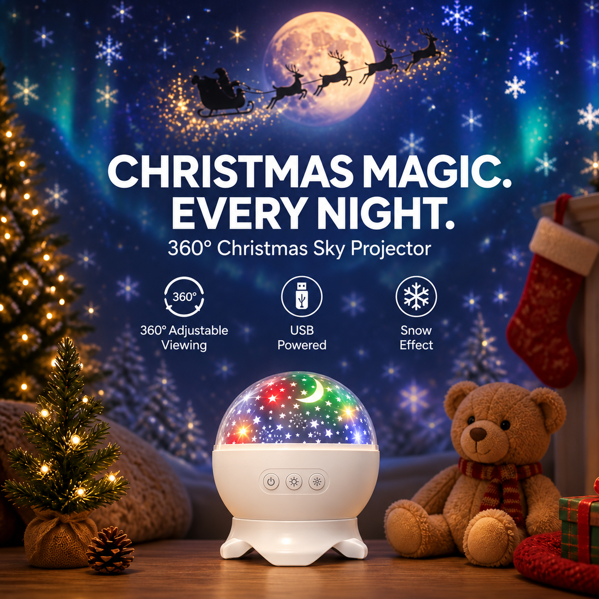 ❤️Christmas Sky Projector – 360° Snow & Santa Light Show