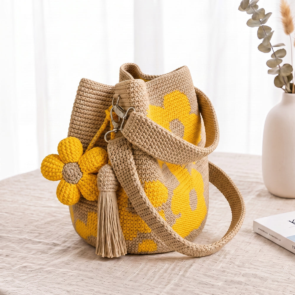 Handmade Crochet Flower Tote Bag – Embroidered Bohemian Style Knitted Floral Drawstring Beach Bag