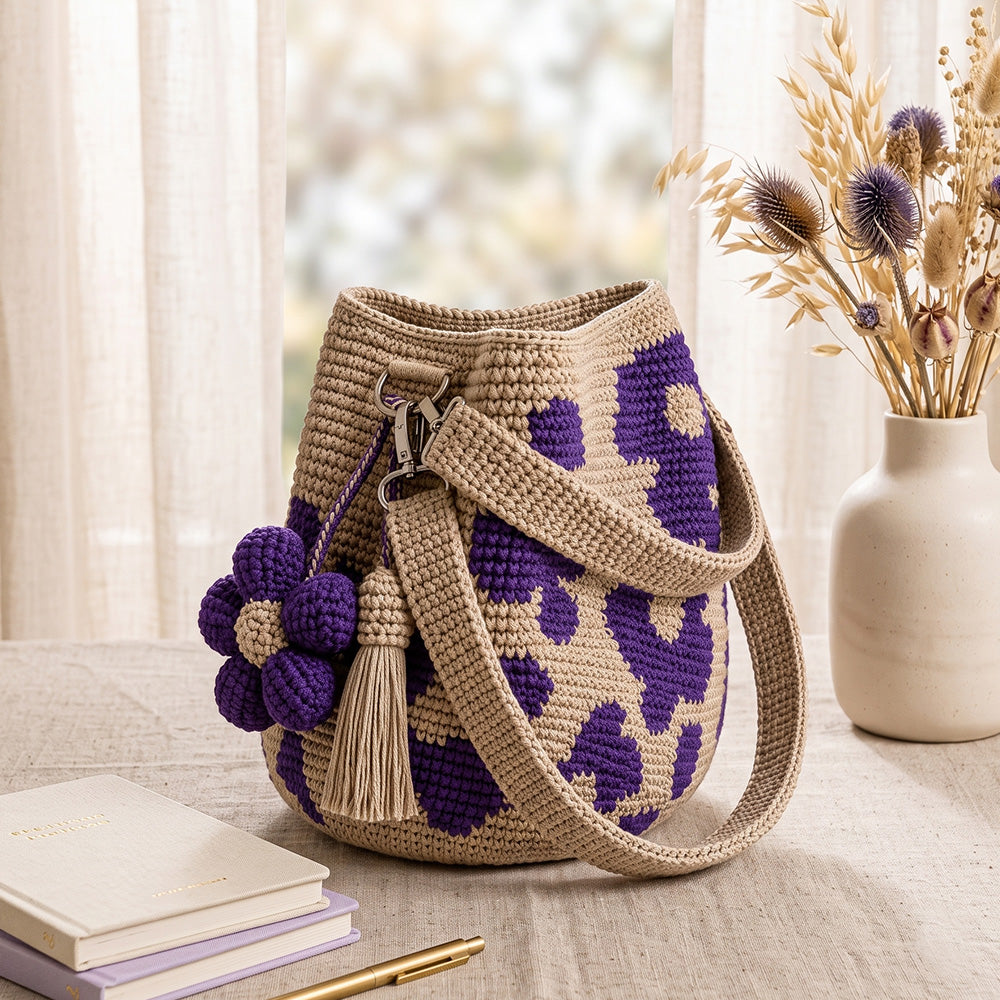 Handmade Crochet Flower Tote Bag – Embroidered Bohemian Style Knitted Floral Drawstring Beach Bag