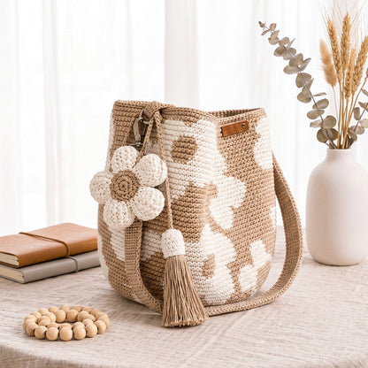 Handmade Crochet Flower Tote Bag – Embroidered Bohemian Style Knitted Floral Drawstring Beach Bag