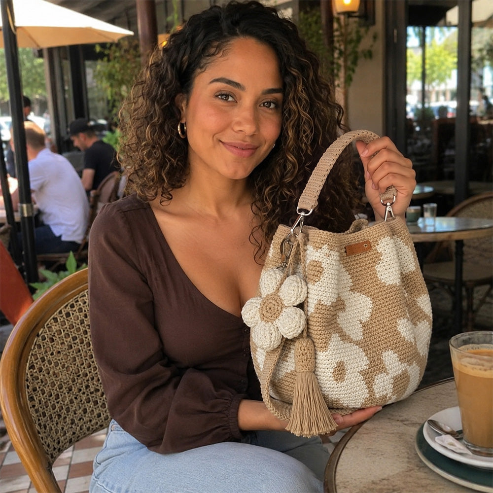 Handmade Crochet Flower Tote Bag – Embroidered Bohemian Style Knitted Floral Drawstring Beach Bag