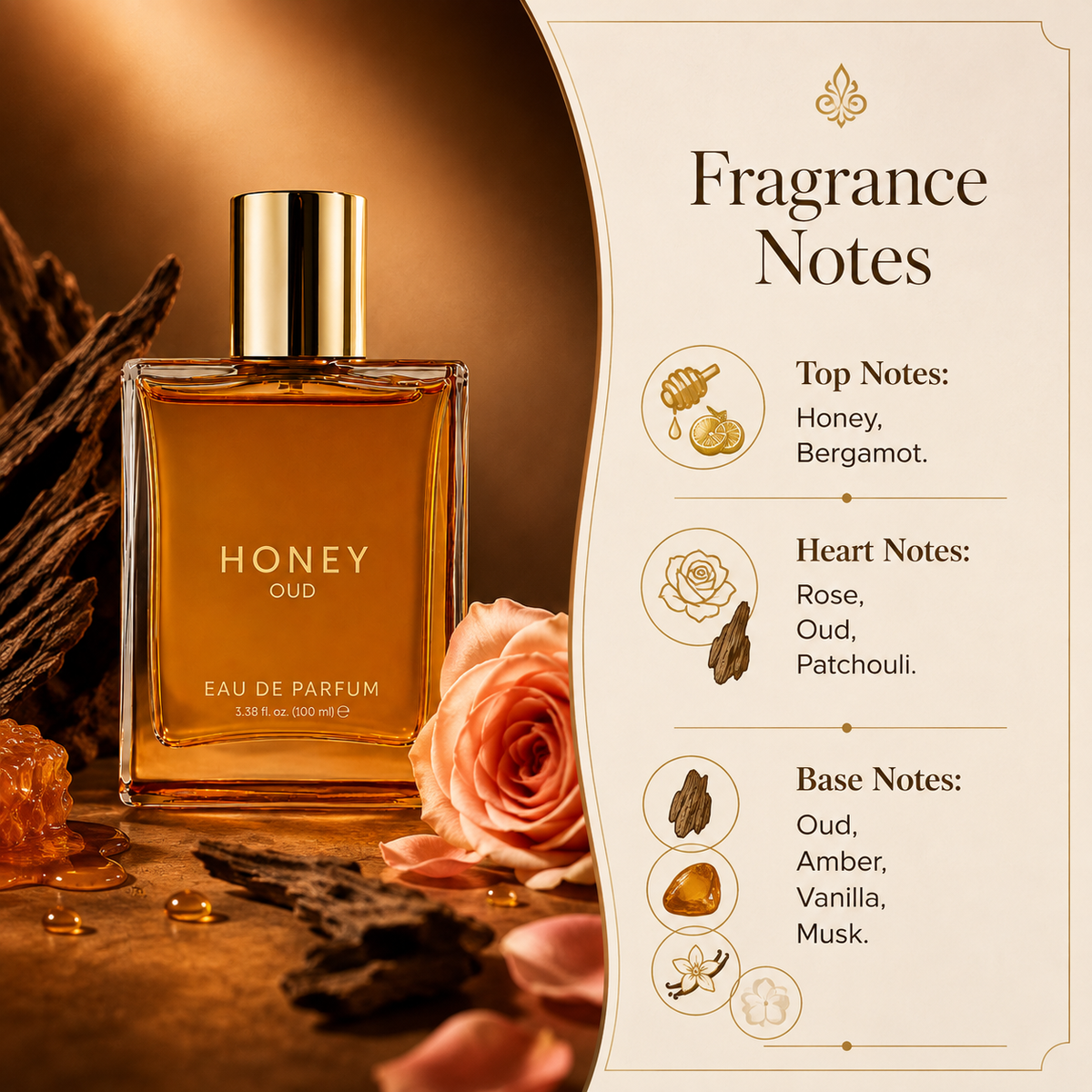 Luxury Honey Oud Eau de Parfum – Warm & Rich Unisex Fragrance, 3.4 fl oz