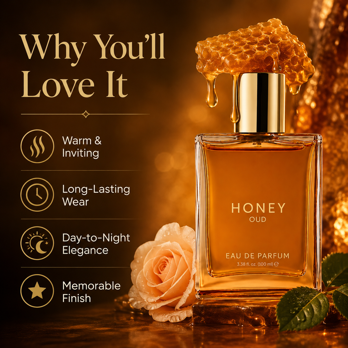 Luxury Honey Oud Eau de Parfum – Warm & Rich Unisex Fragrance, 3.4 fl oz