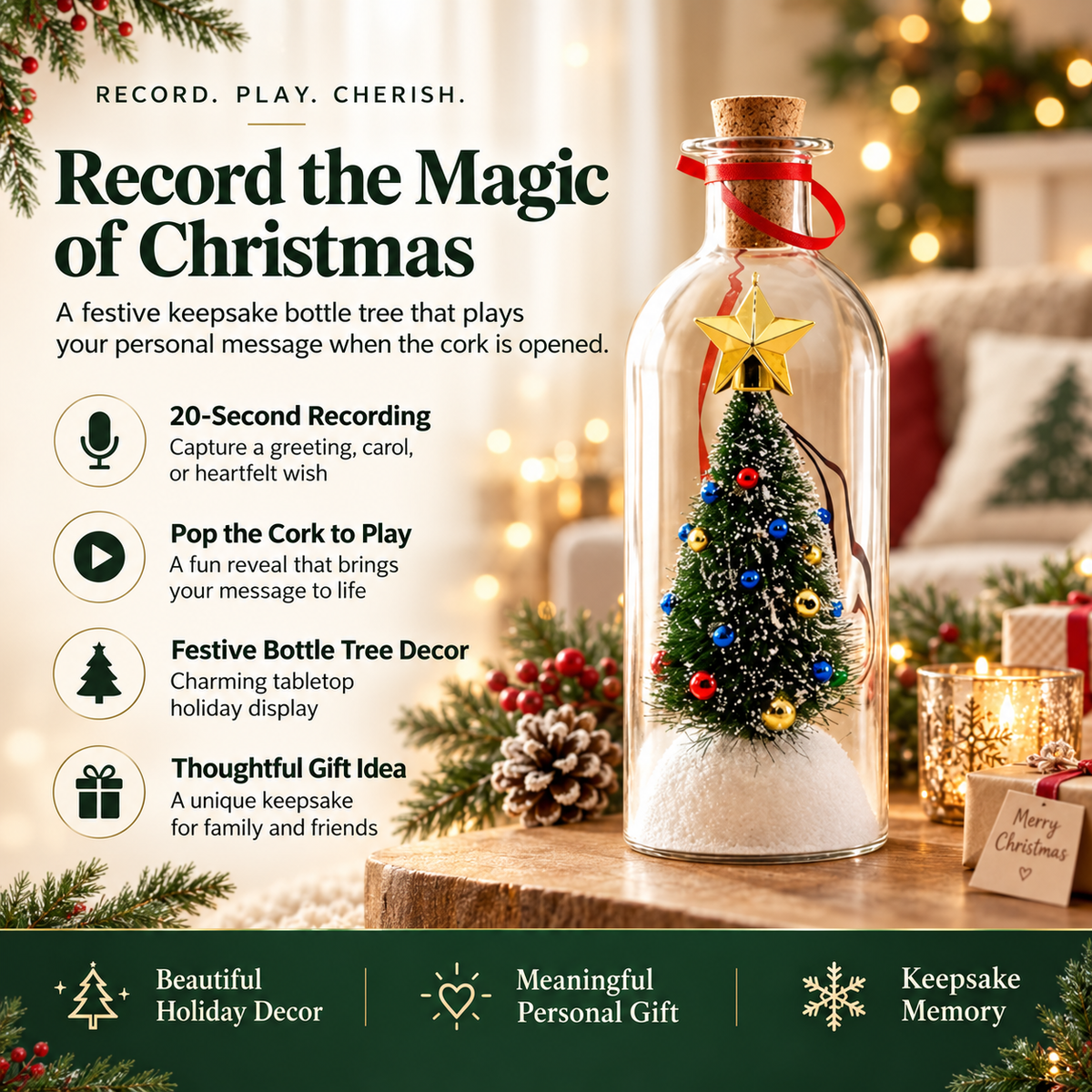 Botella de 8" con mensaje grabable para el árbol de Navidad