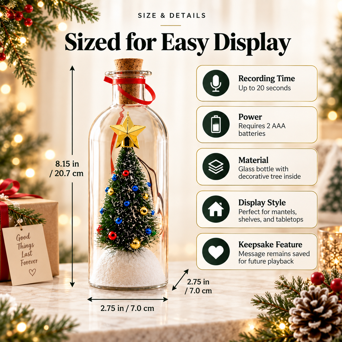 Botella de 8" con mensaje grabable para el árbol de Navidad