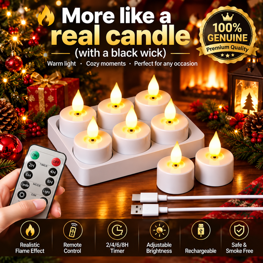 🎀Rechargeable LED Flameless Tealight Candles with Remote Control – 6pcs USB-C Charging Station & Timer