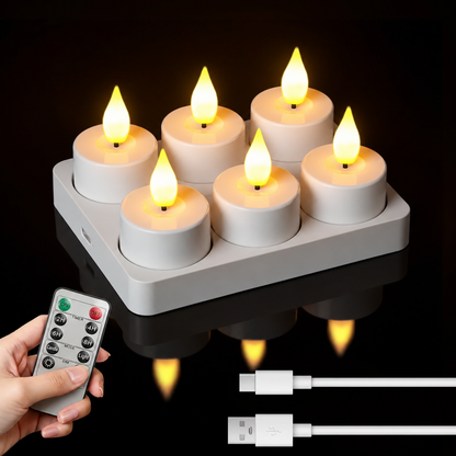 🎀Rechargeable LED Flameless Tealight Candles with Remote Control – 6pcs USB-C Charging Station & Timer