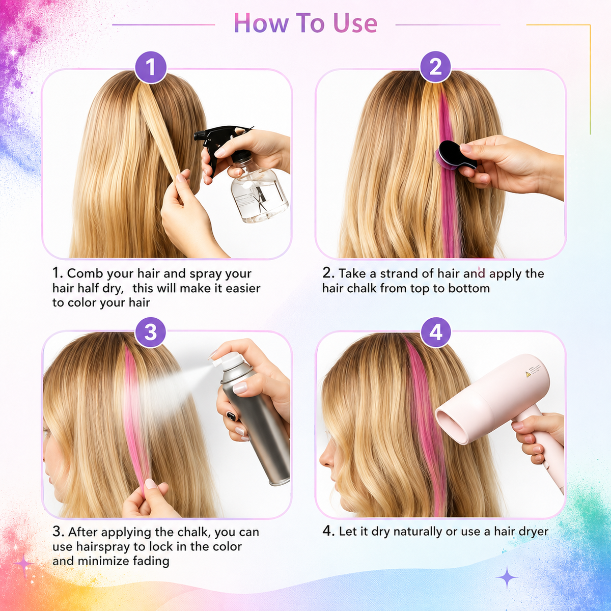 12-Color Washable Temporary Hair Chalk Set with Free Spray Bottle