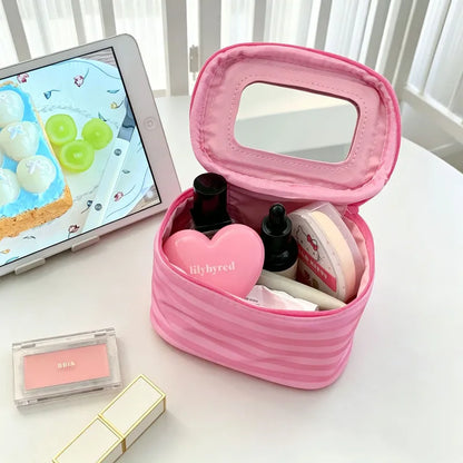 🎁Striped Makeup Bag With Built-In Mirror