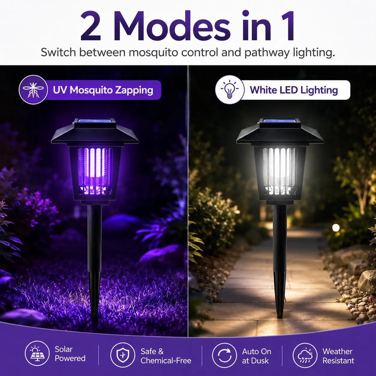 🦟 Solar Mosquito Zapper Light – Outdoor Garden Stake, UV Killer + Pathway Lamp, Dual Mode, Weather Resistant