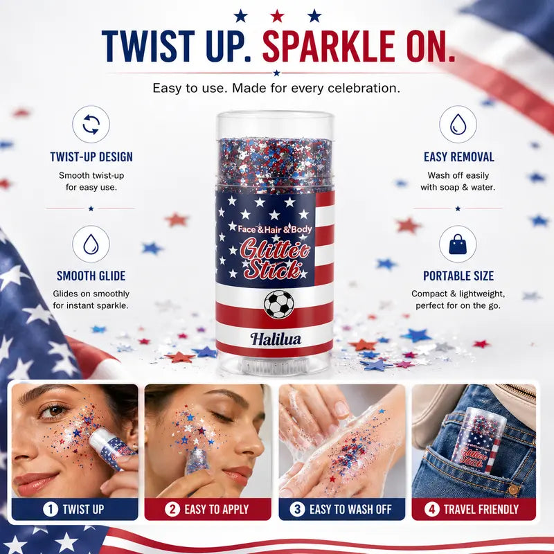 4th of July Glitter Stick | Red, White & Blue Body & Hair Sparkle for Independence Day Party