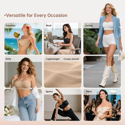 👙Women Non-Slip Bandeau Bra – Seamless Wireless Tube Top, Strapless with Convertible Straps