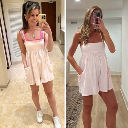 👗 Summer Strappy Romper – 95% Cotton Oversized Square Neck Backless Jumpsuit with Pockets