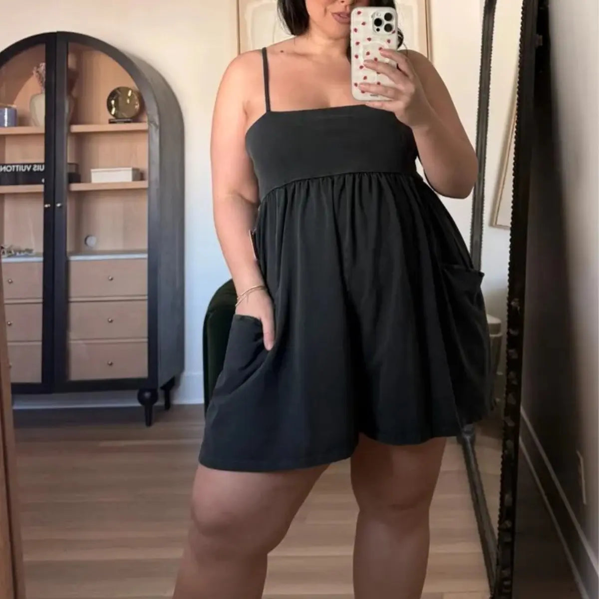 👗 Summer Strappy Romper – 95% Cotton Oversized Square Neck Backless Jumpsuit with Pockets