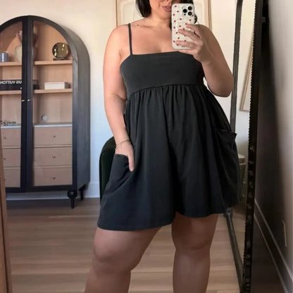 👗 Summer Strappy Romper – 95% Cotton Oversized Square Neck Backless Jumpsuit with Pockets