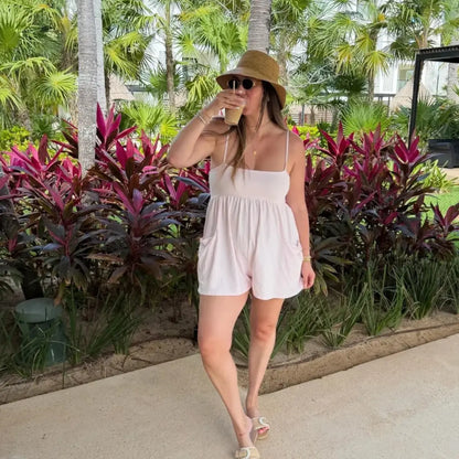 👗 Summer Strappy Romper – 95% Cotton Oversized Square Neck Backless Jumpsuit with Pockets