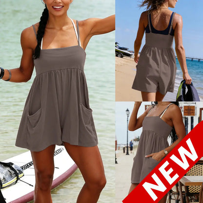 👗 Summer Strappy Romper – 95% Cotton Oversized Square Neck Backless Jumpsuit with Pockets