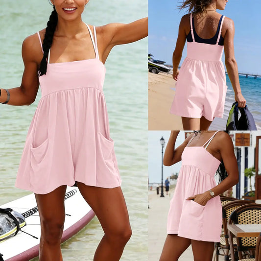 👗 Summer Strappy Romper – 95% Cotton Oversized Square Neck Backless Jumpsuit with Pockets