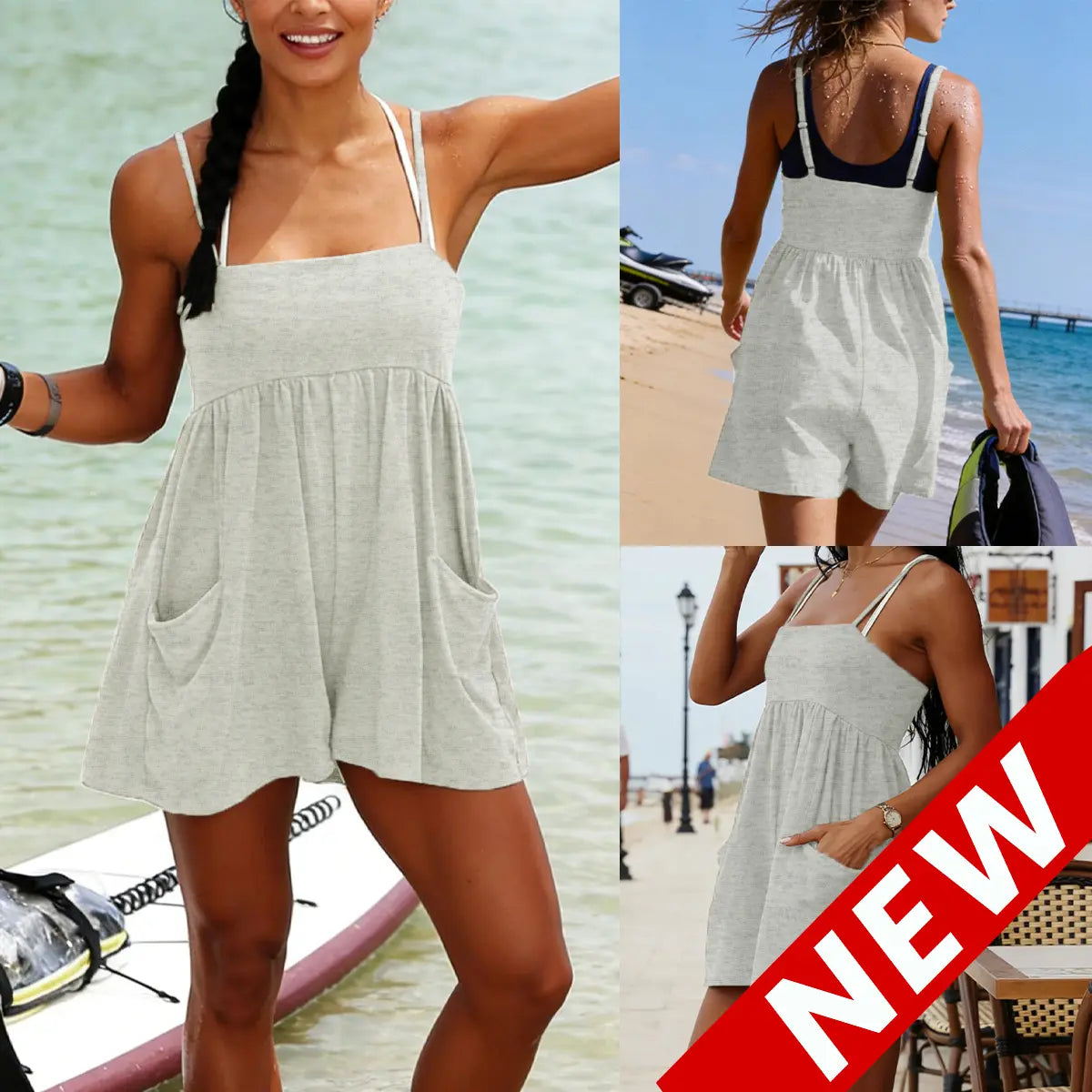 👗 Summer Strappy Romper – 95% Cotton Oversized Square Neck Backless Jumpsuit with Pockets