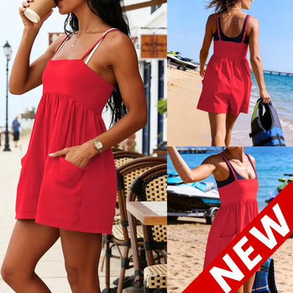 👗 Summer Strappy Romper – 95% Cotton Oversized Square Neck Backless Jumpsuit with Pockets