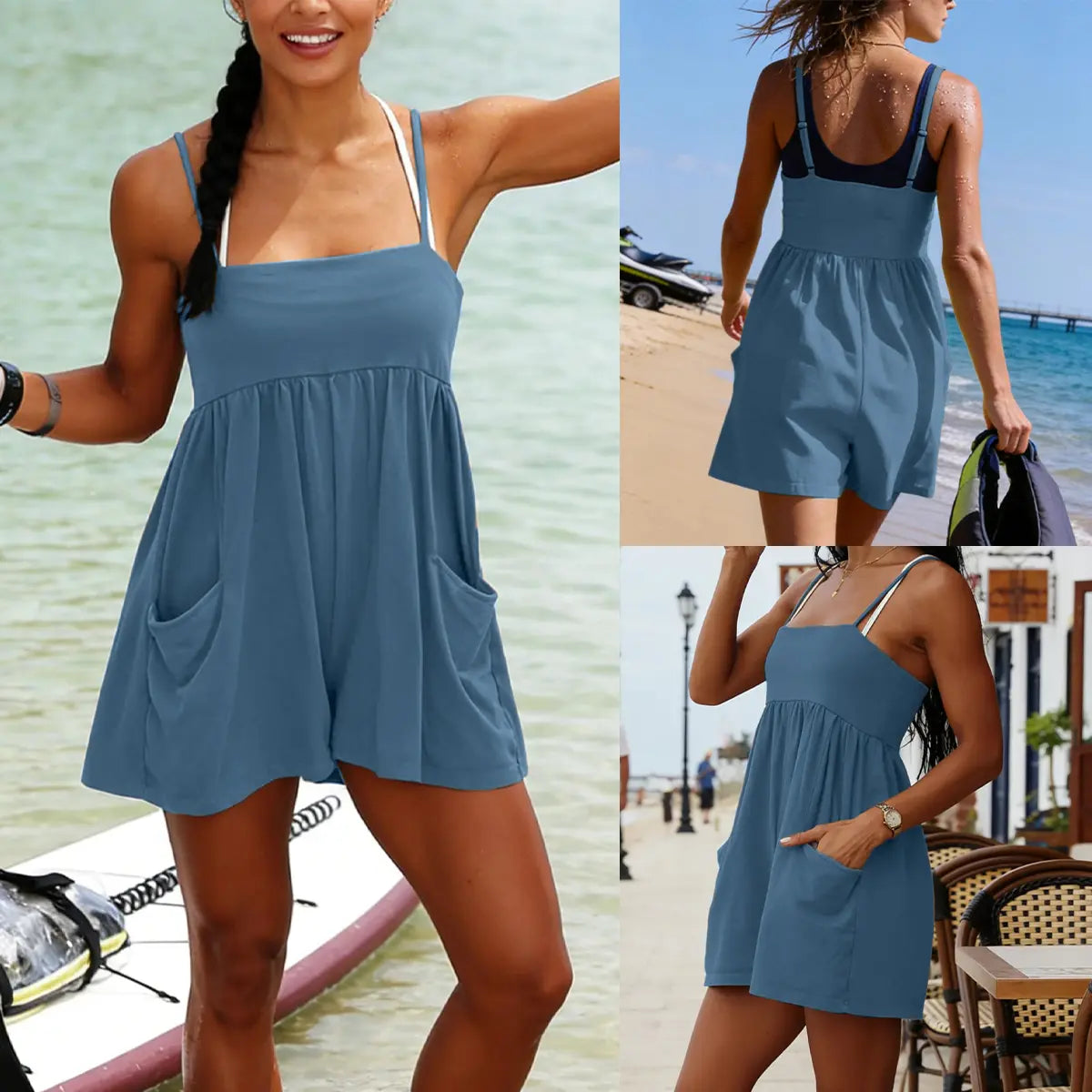 👗 Summer Strappy Romper – 95% Cotton Oversized Square Neck Backless Jumpsuit with Pockets