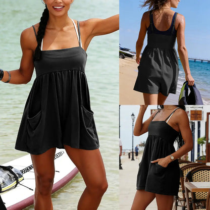 👗 Summer Strappy Romper – 95% Cotton Oversized Square Neck Backless Jumpsuit with Pockets