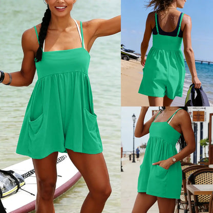 👗 Summer Strappy Romper – 95% Cotton Oversized Square Neck Backless Jumpsuit with Pockets
