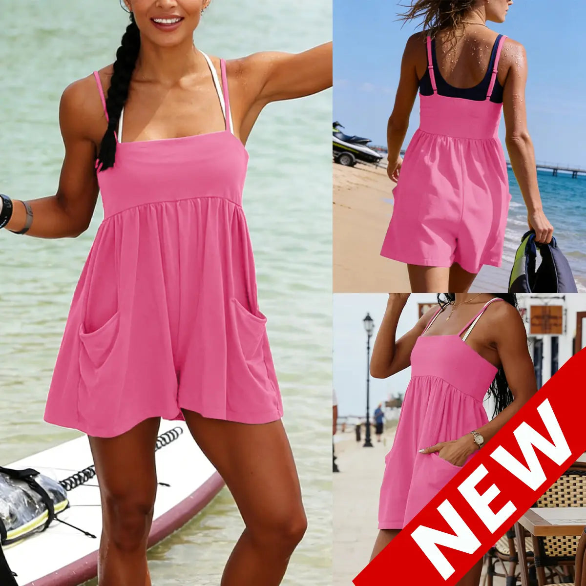 👗 Summer Strappy Romper – 95% Cotton Oversized Square Neck Backless Jumpsuit with Pockets